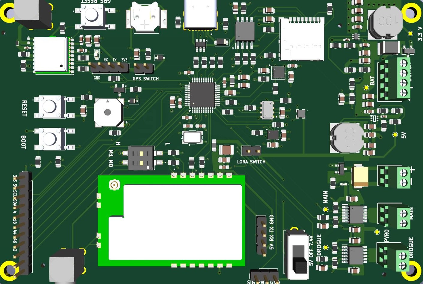 PRATAP flight computer, 3D render of the board.