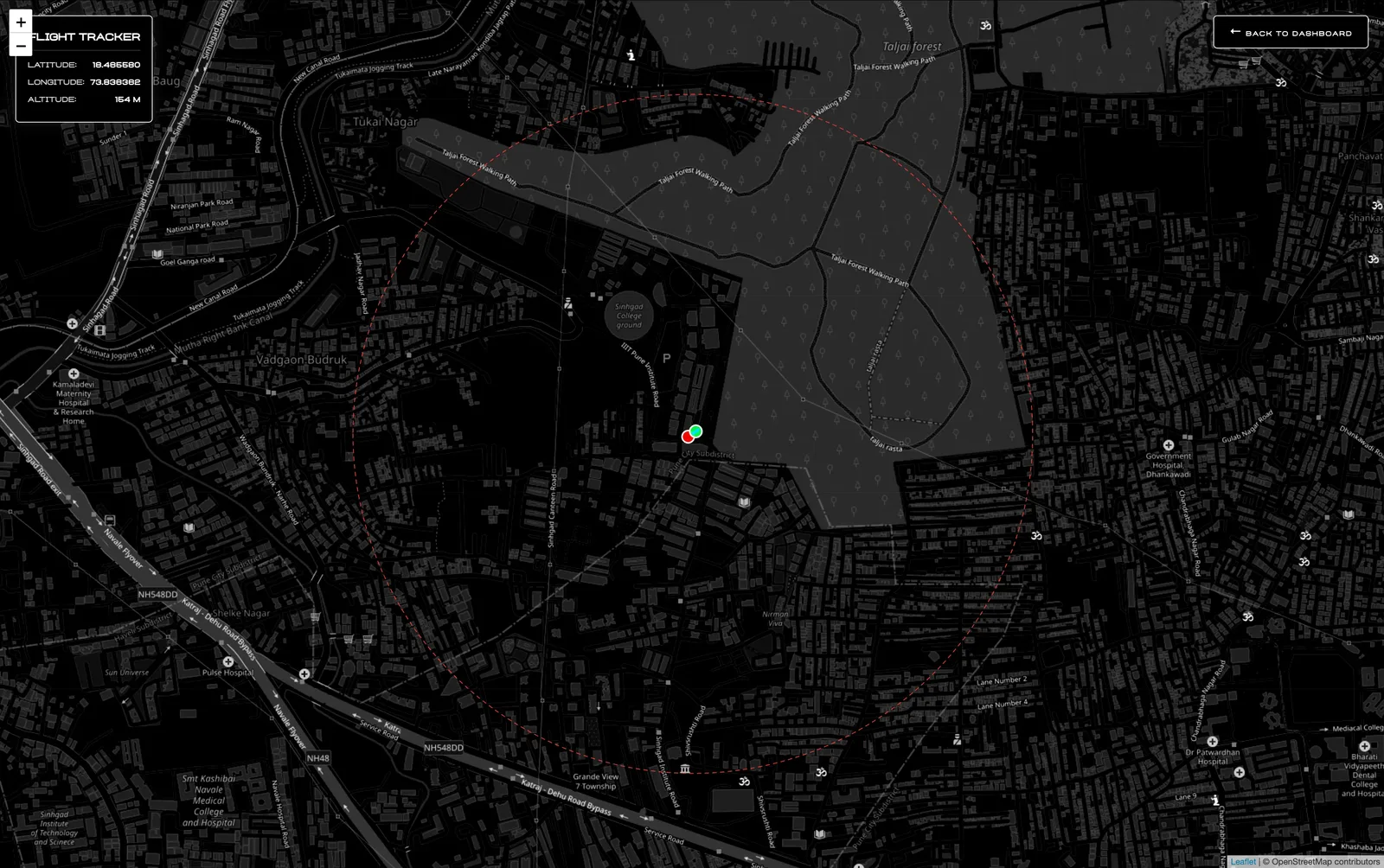 Flight tracker with the 1 km safety perimeter