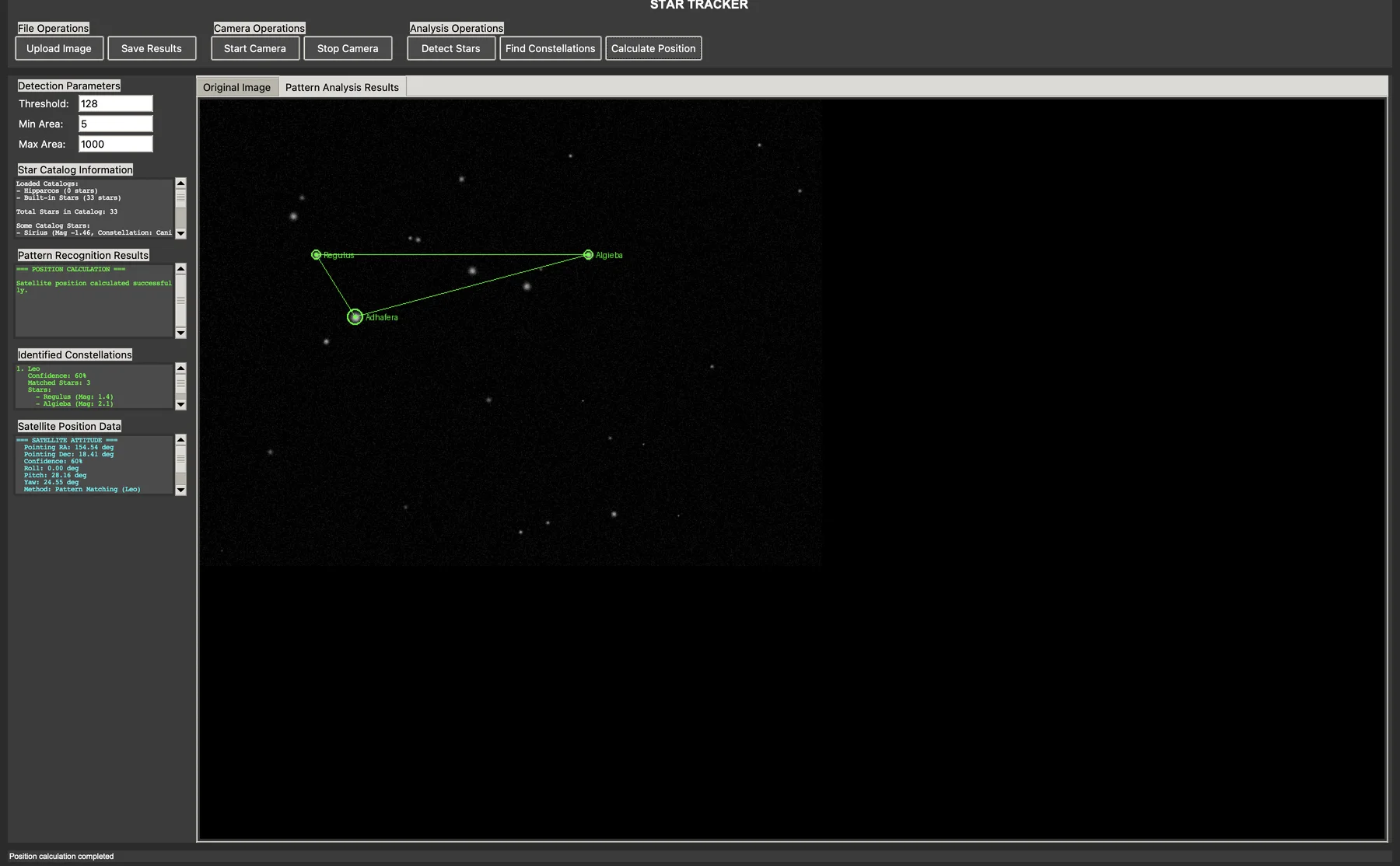 Star tracker: Leo recognised from Regulus, Algieba and Adhafera